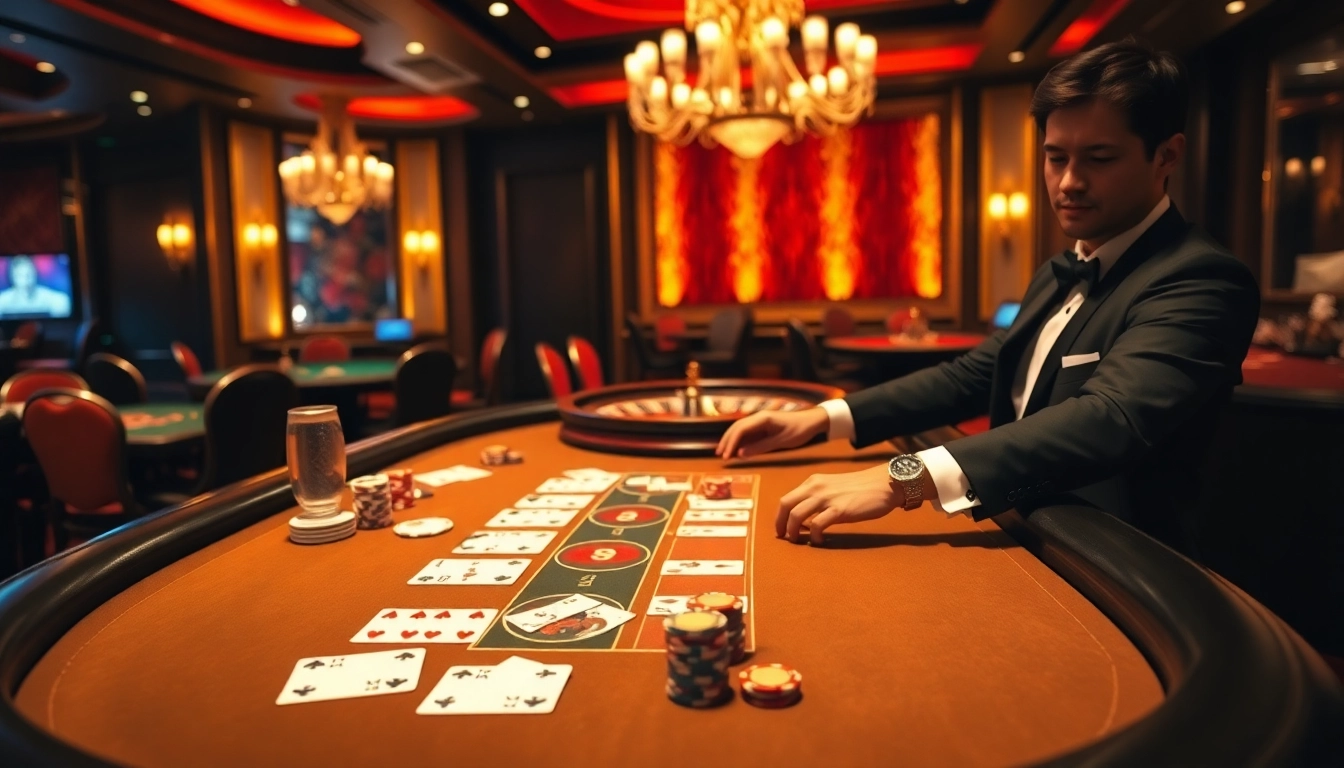 Experience the thrill of tg 88 at a luxurious casino table with vibrant roulette wheels and poker chips.