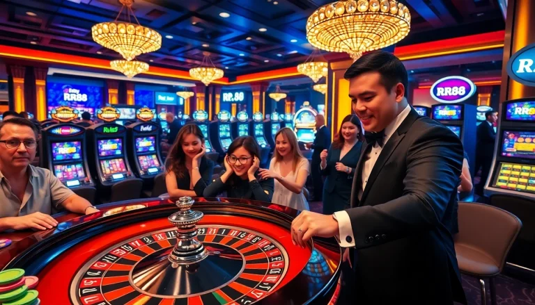 Players enjoying the roulette table at RR88 Casino, showcasing excitement and engagement.