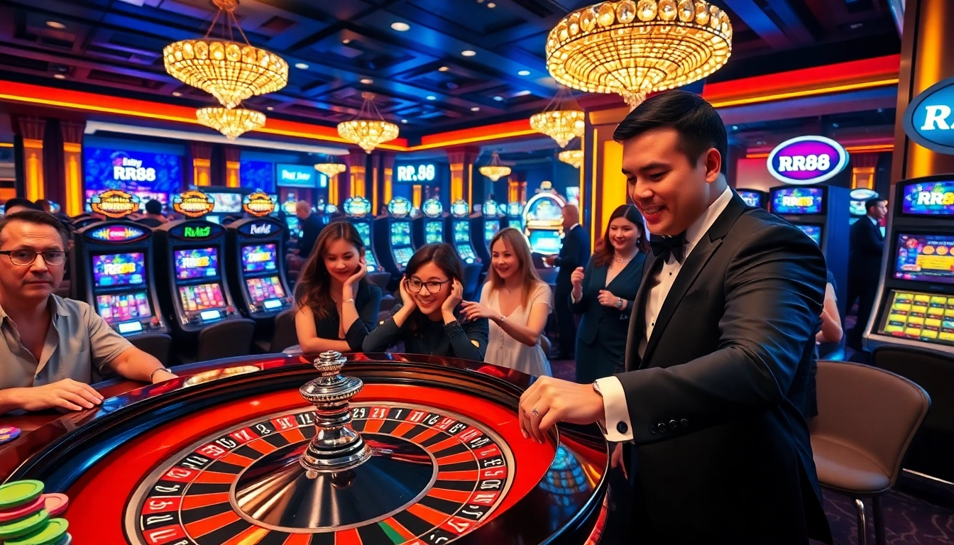 Players enjoying the roulette table at RR88 Casino, showcasing excitement and engagement.