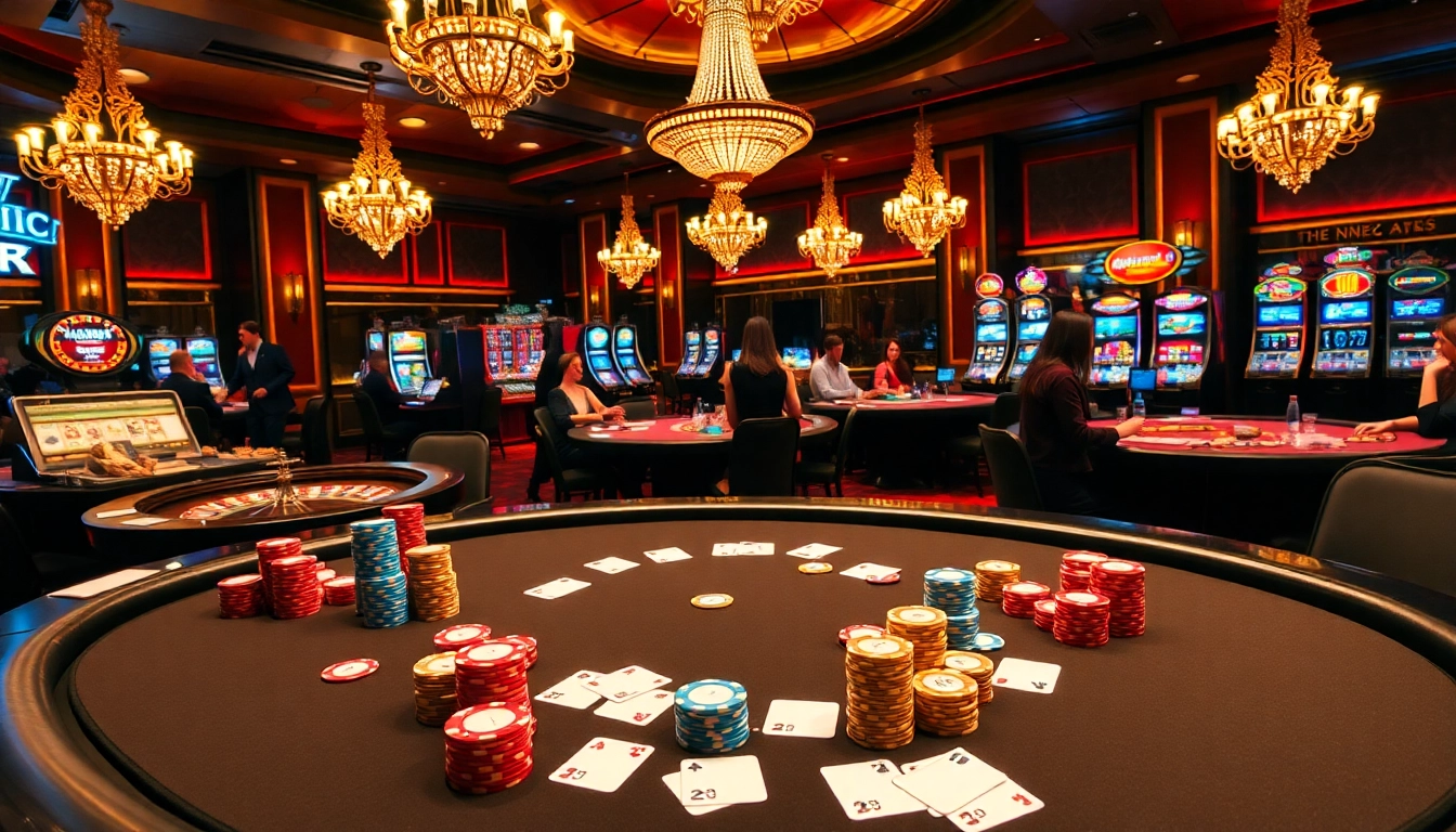 Gamblers enjoying their experience with https://9keonhacai.com/ at a luxurious casino featuring poker and roulette.