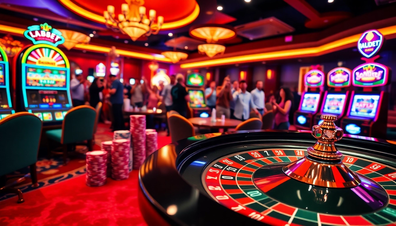 Players enjoy a thrilling game at the i9bet casino, surrounded by vibrant slot machines and poker chips.