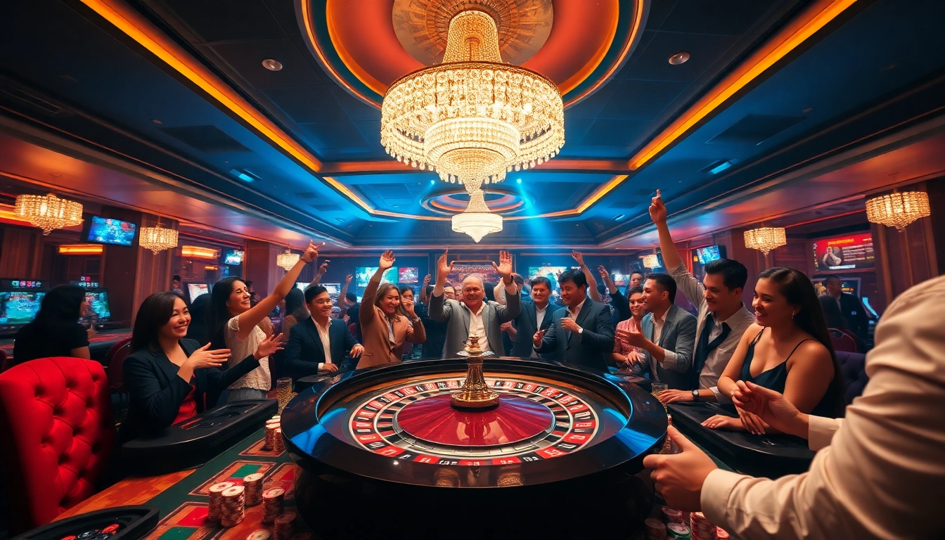 Experience the thrill of gambling at qh88 with a lively casino scene featuring roulette and celebratory players.