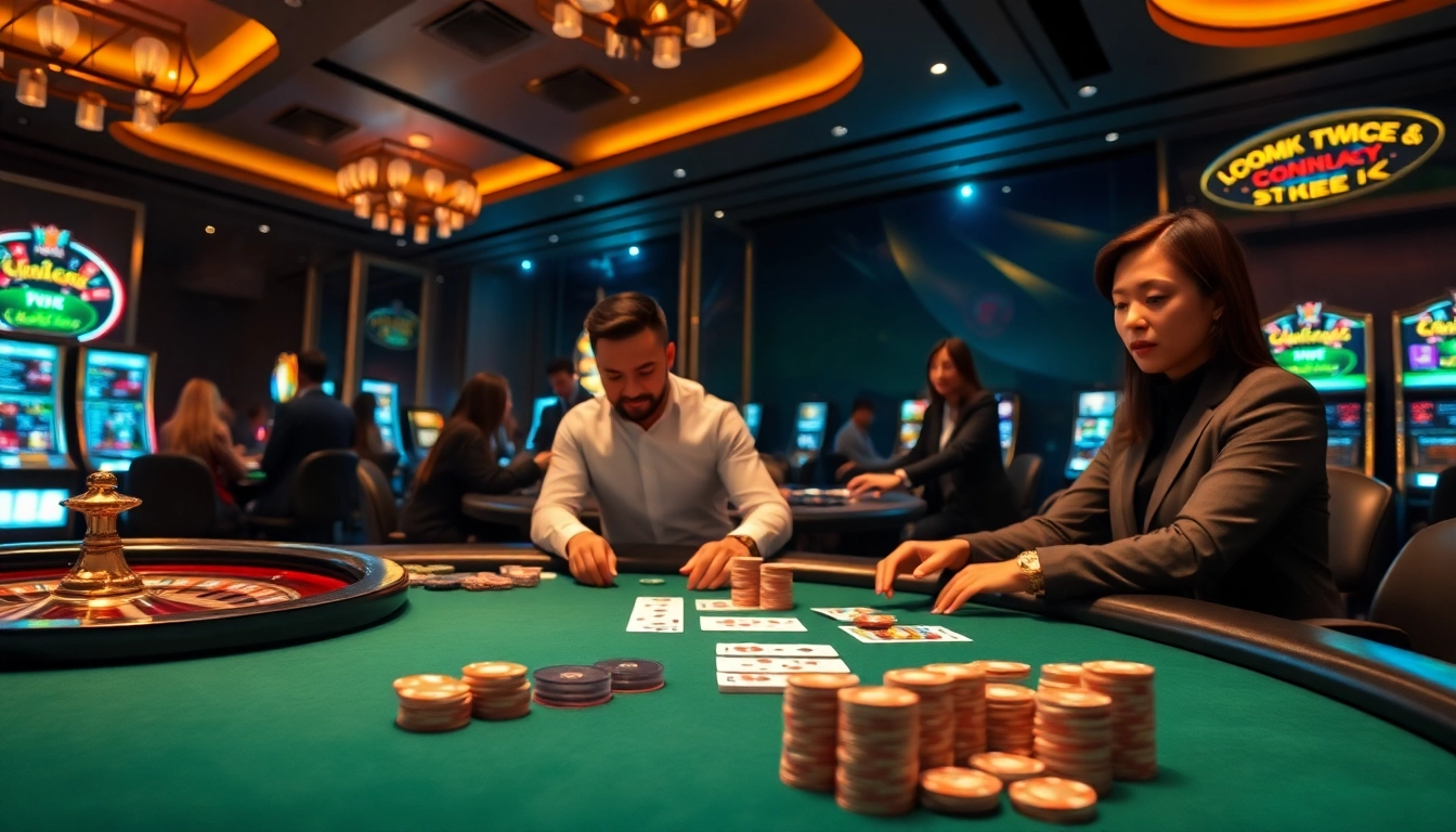 Experience thrilling gameplay at https://jun88app.app/ with a luxury casino ambiance featuring poker tables and roulette wheels.