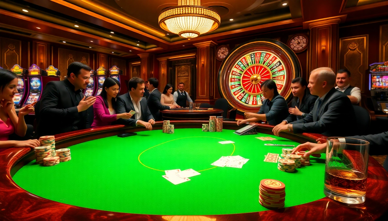 Players enjoying high-stakes poker at a luxurious casino table, showcasing Okking excitement and strategy.