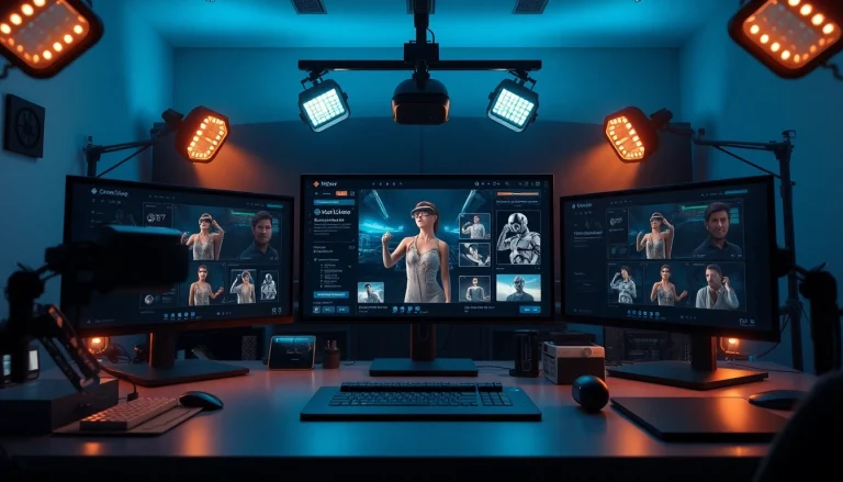 Engaging workspace showcasing ai nsfw image generation technology, featuring advanced monitors and creative tools.