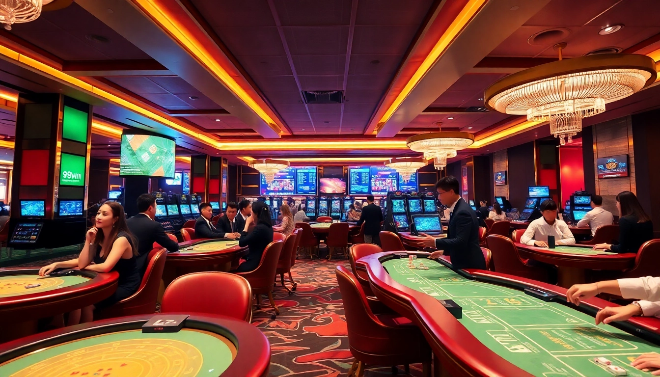 Experience the vibrant gaming atmosphere at 98win with lively players and luxurious casino decor.