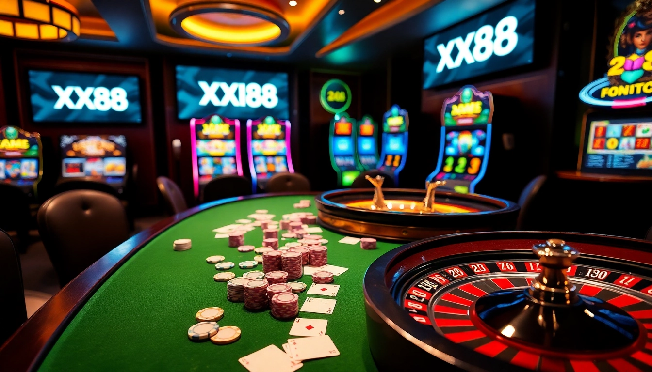 Engage with XX88's exciting poker chips and cards on a stylish casino table.