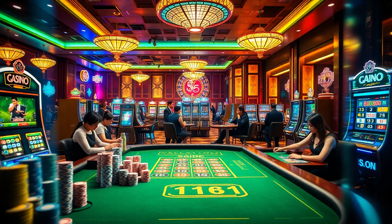 Enjoying intense gameplay at 68 game bài casino, with players focused on vibrant tables and thrilling slots.