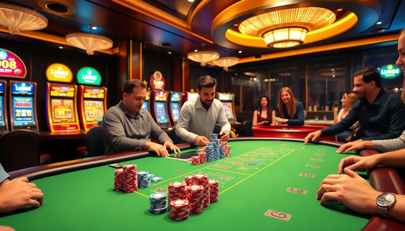 lu88 engaging players at a luxurious blackjack table in a vibrant casino setting