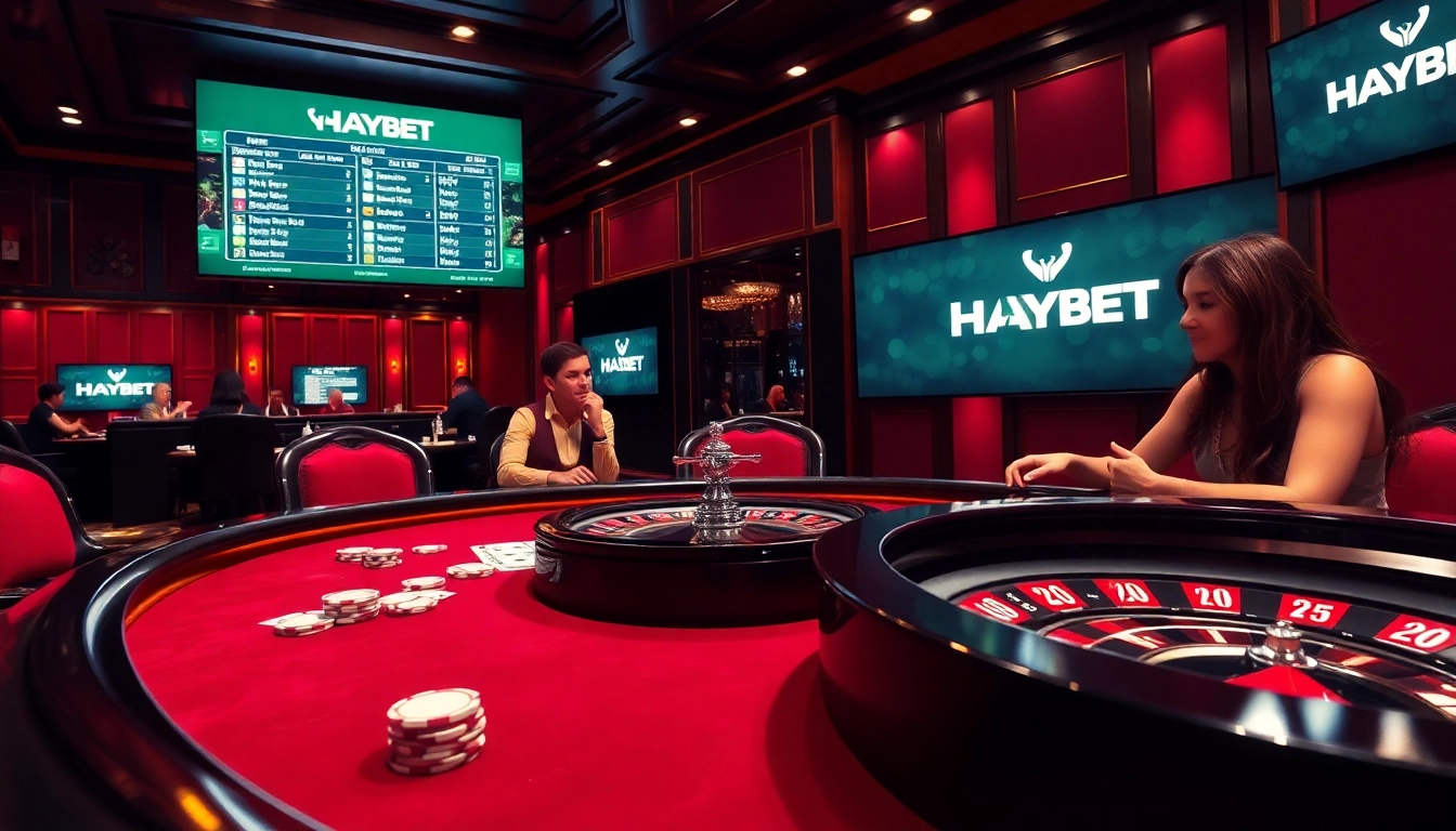 Experience thrilling gameplay at HAYBET's luxurious casino tables with poker chips and roulette.