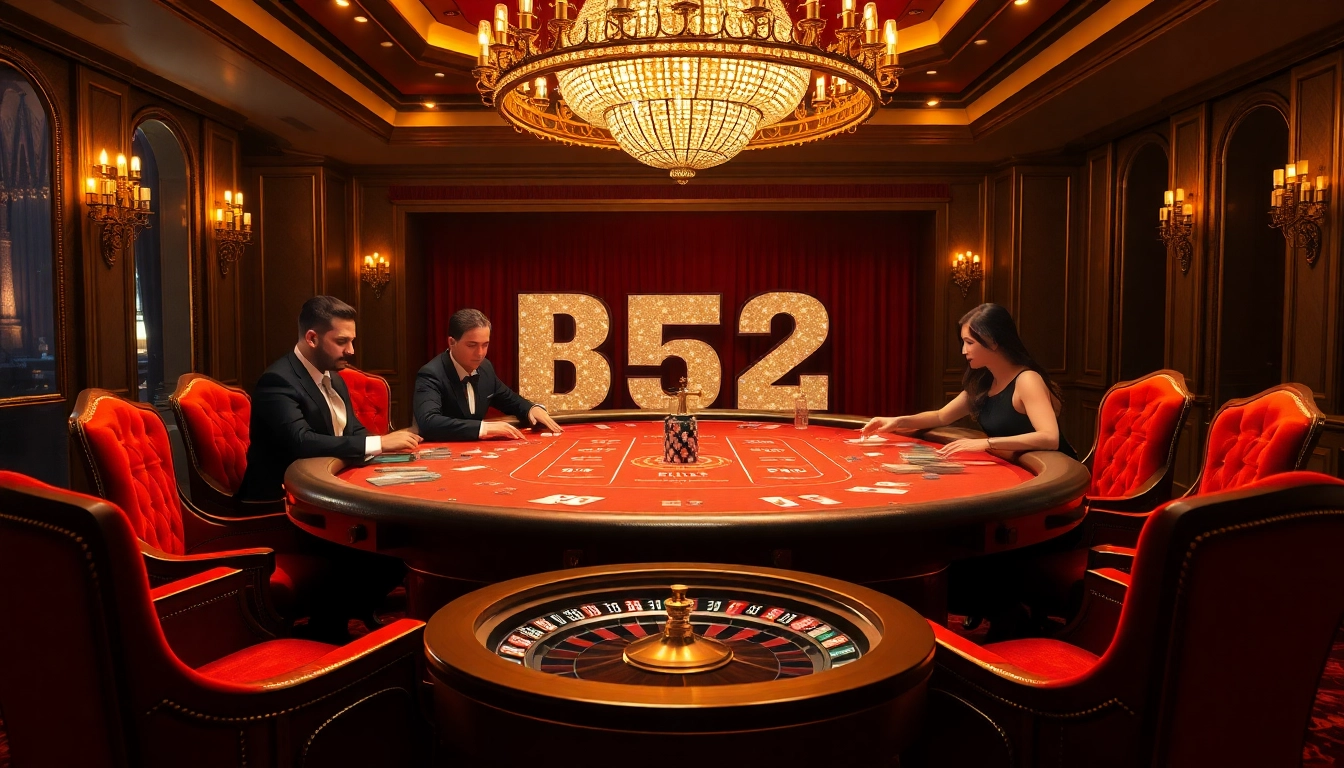 Players engage in high-stakes poker at a b52-themed casino table, surrounded by chips and cards.