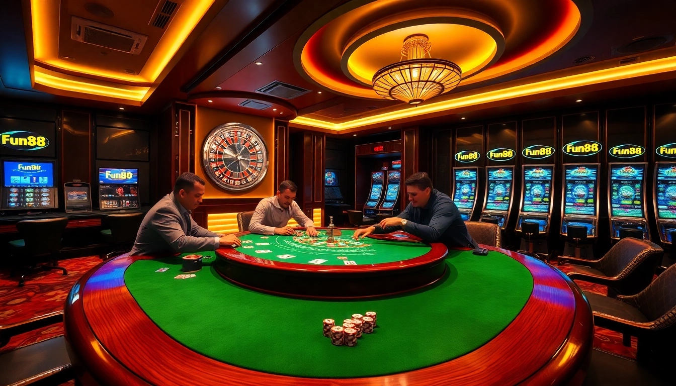 Exciting poker game at Fun88 casino with vibrant atmosphere and luxury elements.