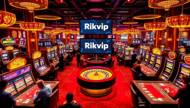 Experience thrilling gaming action at Rikvip with vibrant tables and engaging players in a luxurious casino setting.