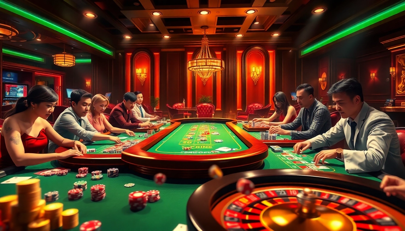 Soi cầu 247 gamblers intensely strategizing at a vibrant casino table surrounded by rich decor.