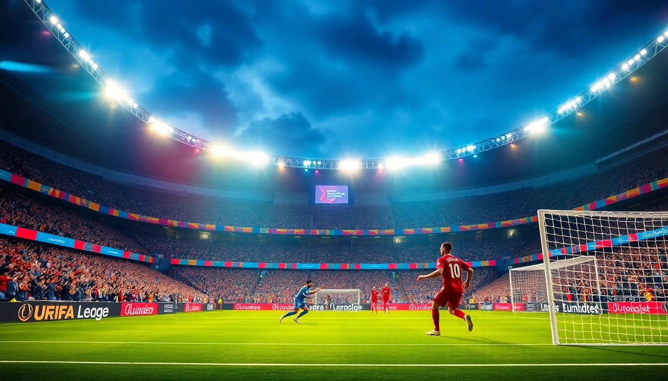 Exciting scene from the Lịch thi đấu bóng đá Europa League 2025/2026 mới nhất with players in action and cheering fans.