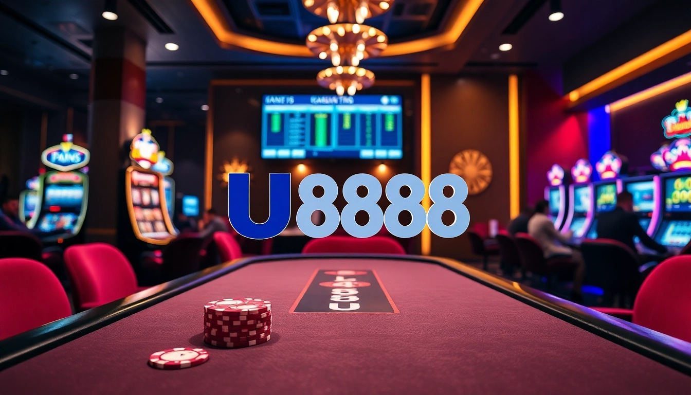 Action-packed gambling scene at U888 casino, featuring poker tables and vibrant slot machines.
