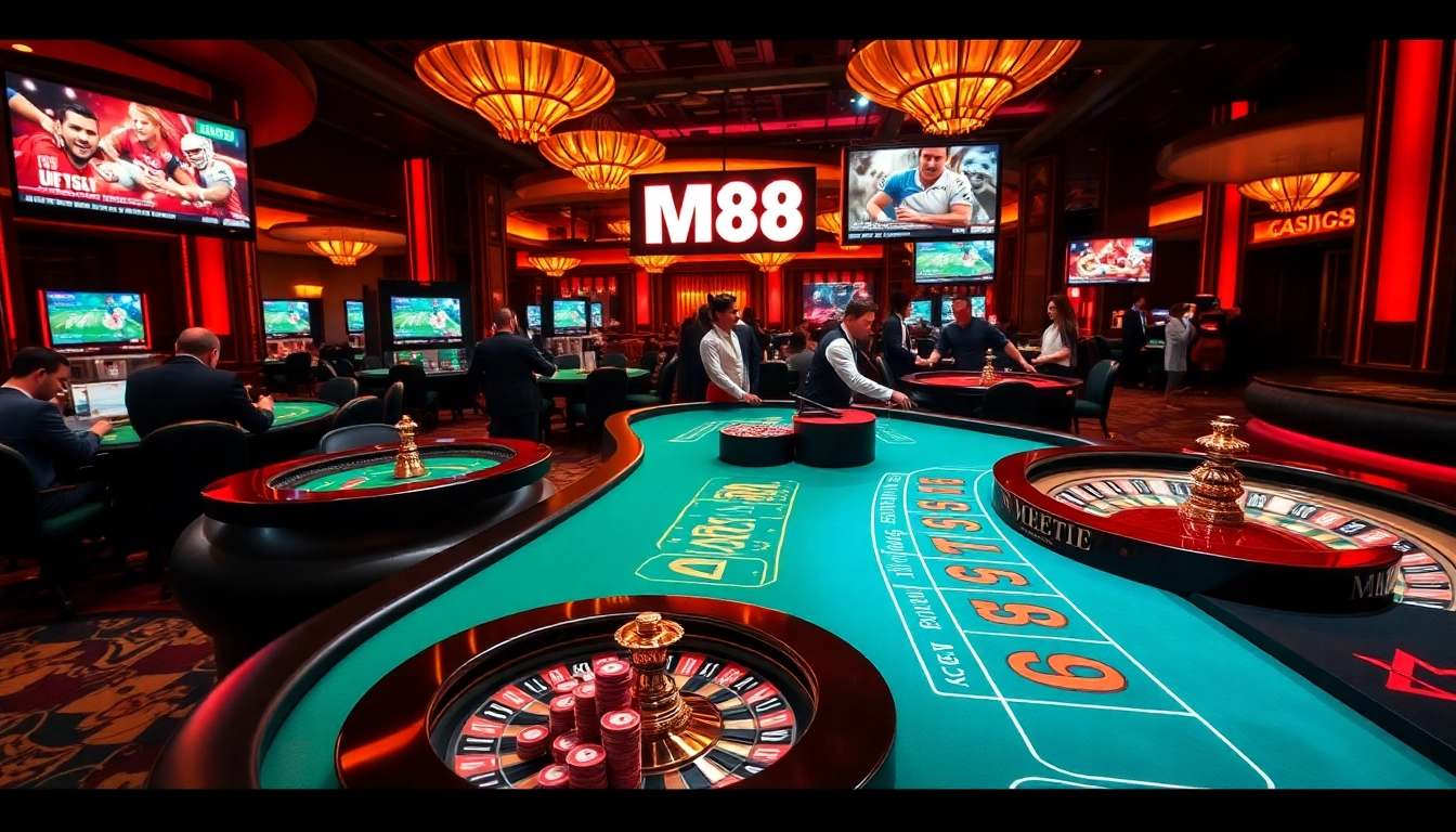 M88 casino table showcasing high-stakes poker and roulette for a thrilling betting experience.