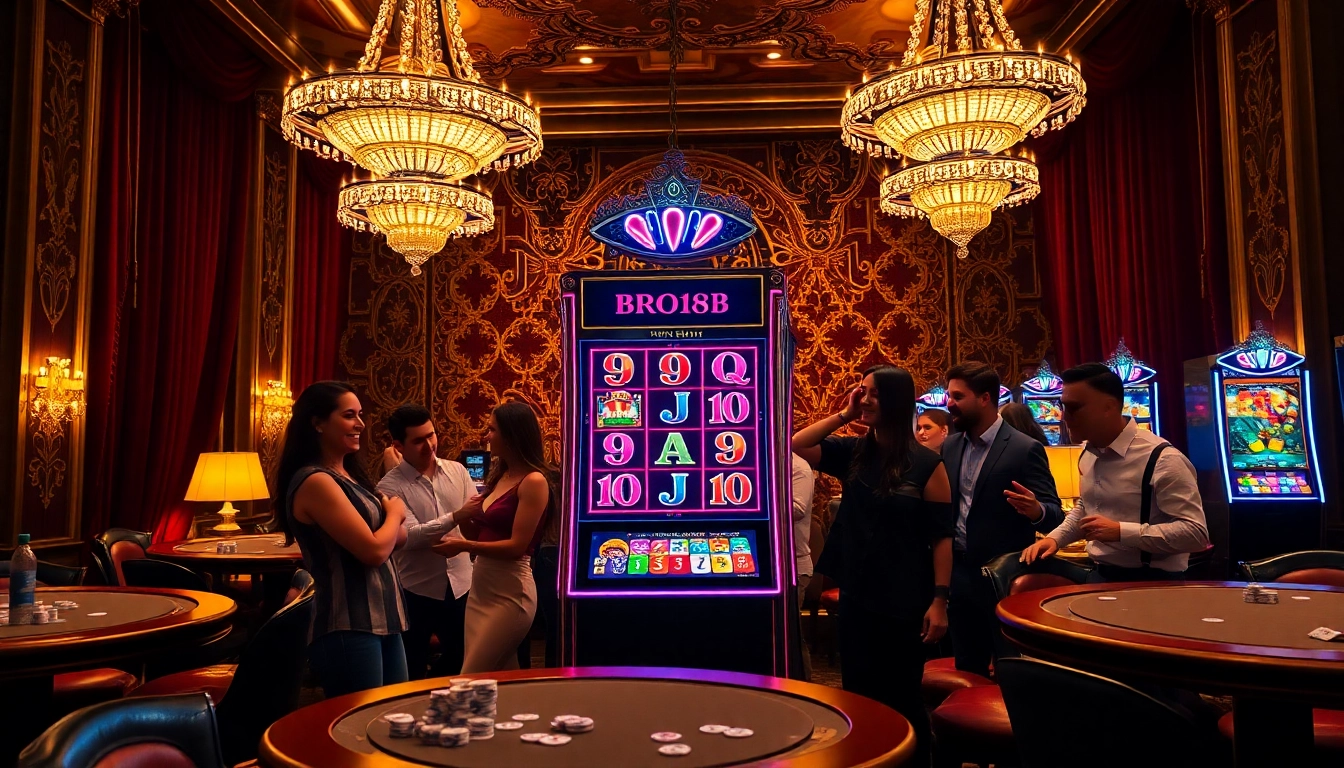 Engaged players enjoying the Bro138 slot machine in a luxurious casino setting.