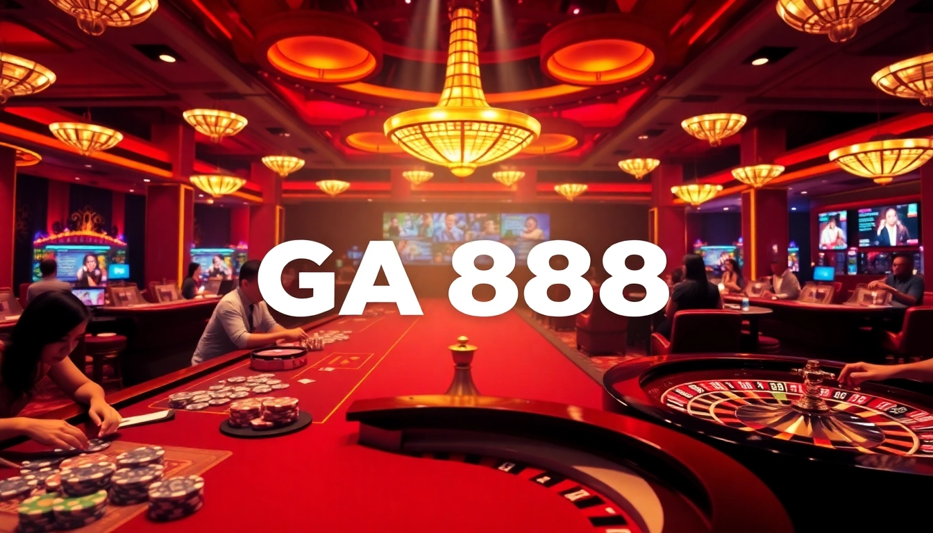 GA888 players enjoying immersive online gambling experiences at a luxurious casino setup.