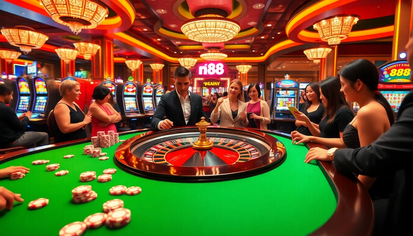 Engaging players at the nk88 roulette table in a vibrant casino atmosphere.