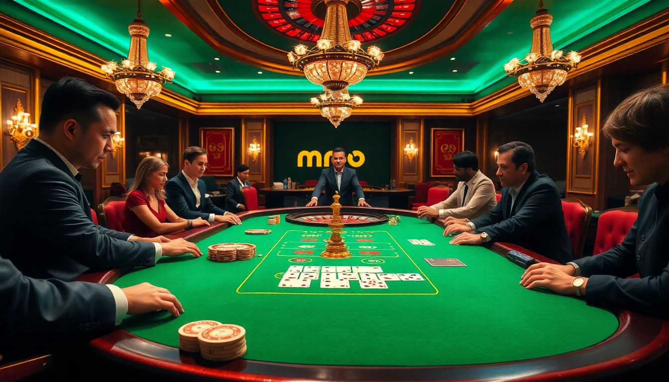 Gamblers experience high-stakes action at mmoo casino tables with vibrant poker chips and cards.