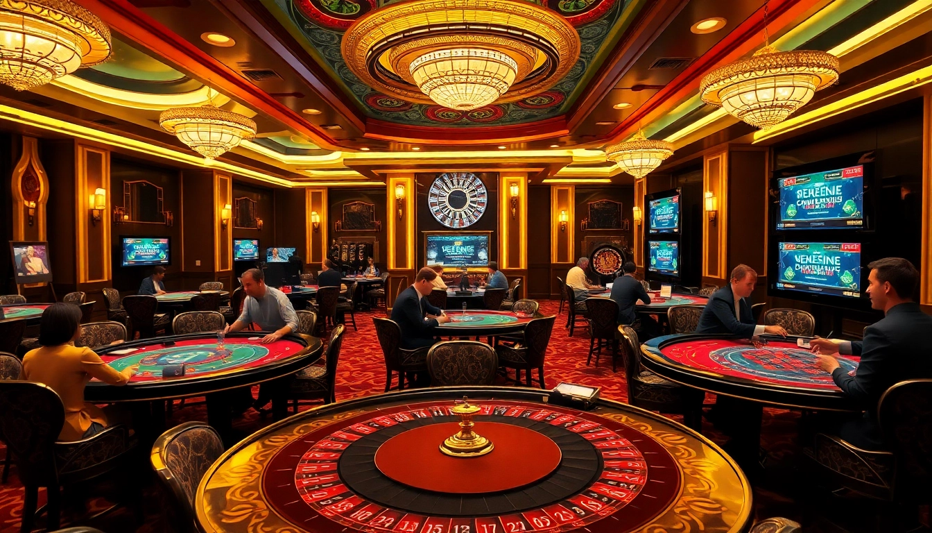 Engaging players at 68VIP's luxurious casino tables, showcasing poker, blackjack, and roulette.