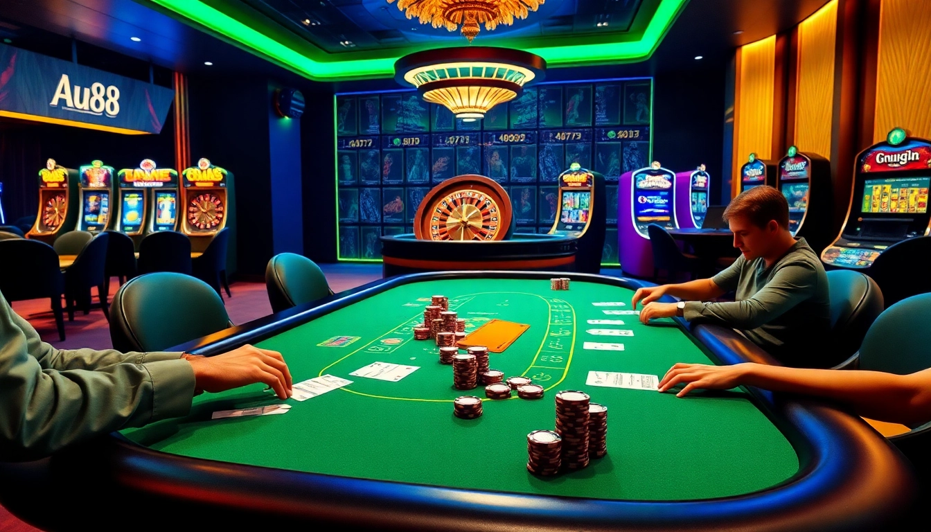 Players enjoy an AU88 poker game at a luxurious casino table, showcasing high stakes and excitement.