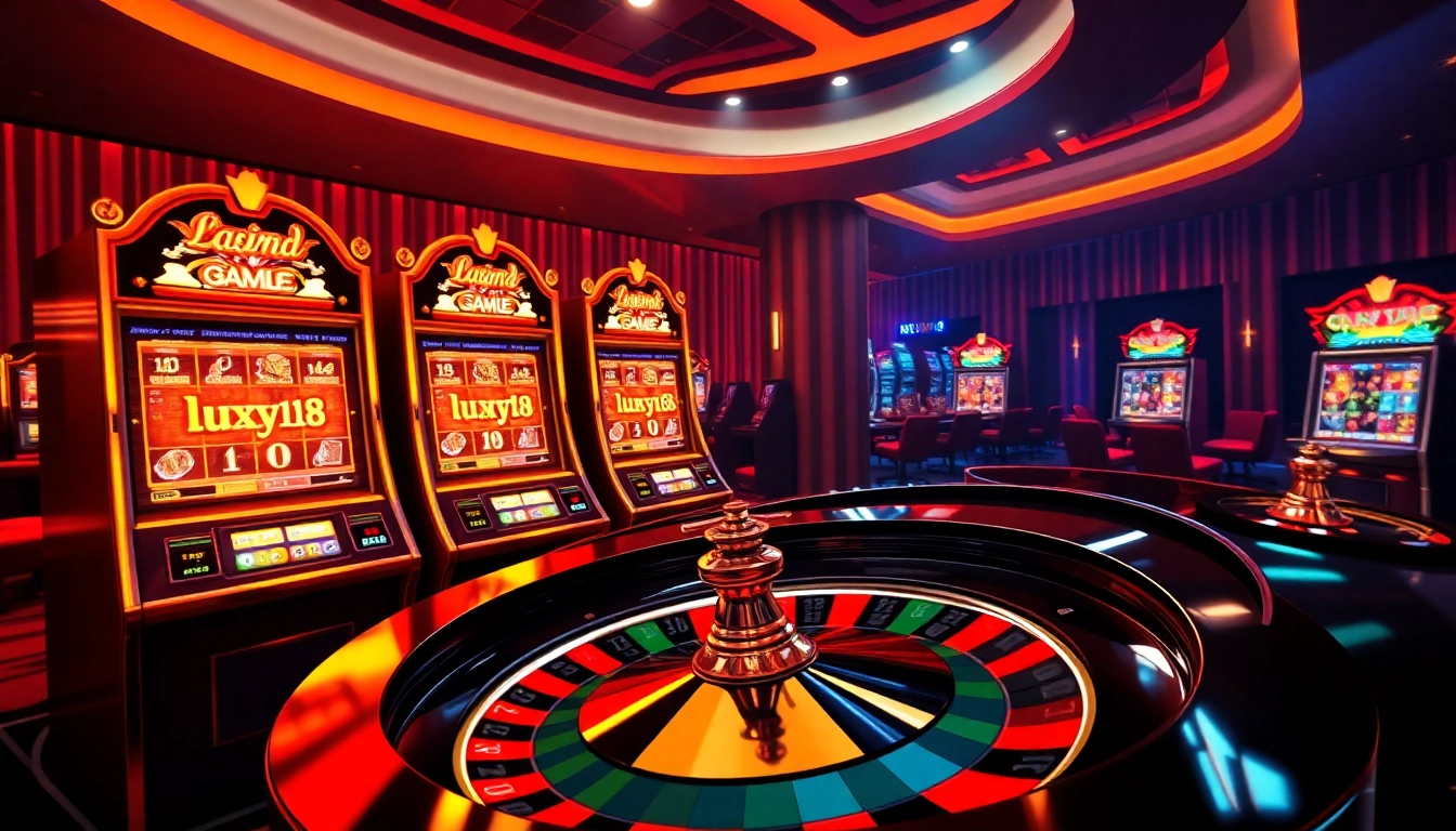 Experience luxury138 with vibrant virtual slot machines and a glossy roulette wheel at an online casino.