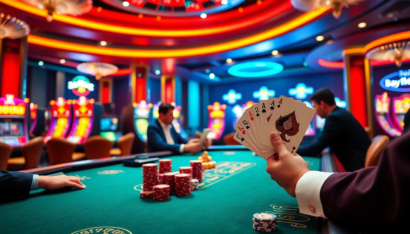 Players experiencing thrilling moments at the Bay789 casino with poker and roulette tables.