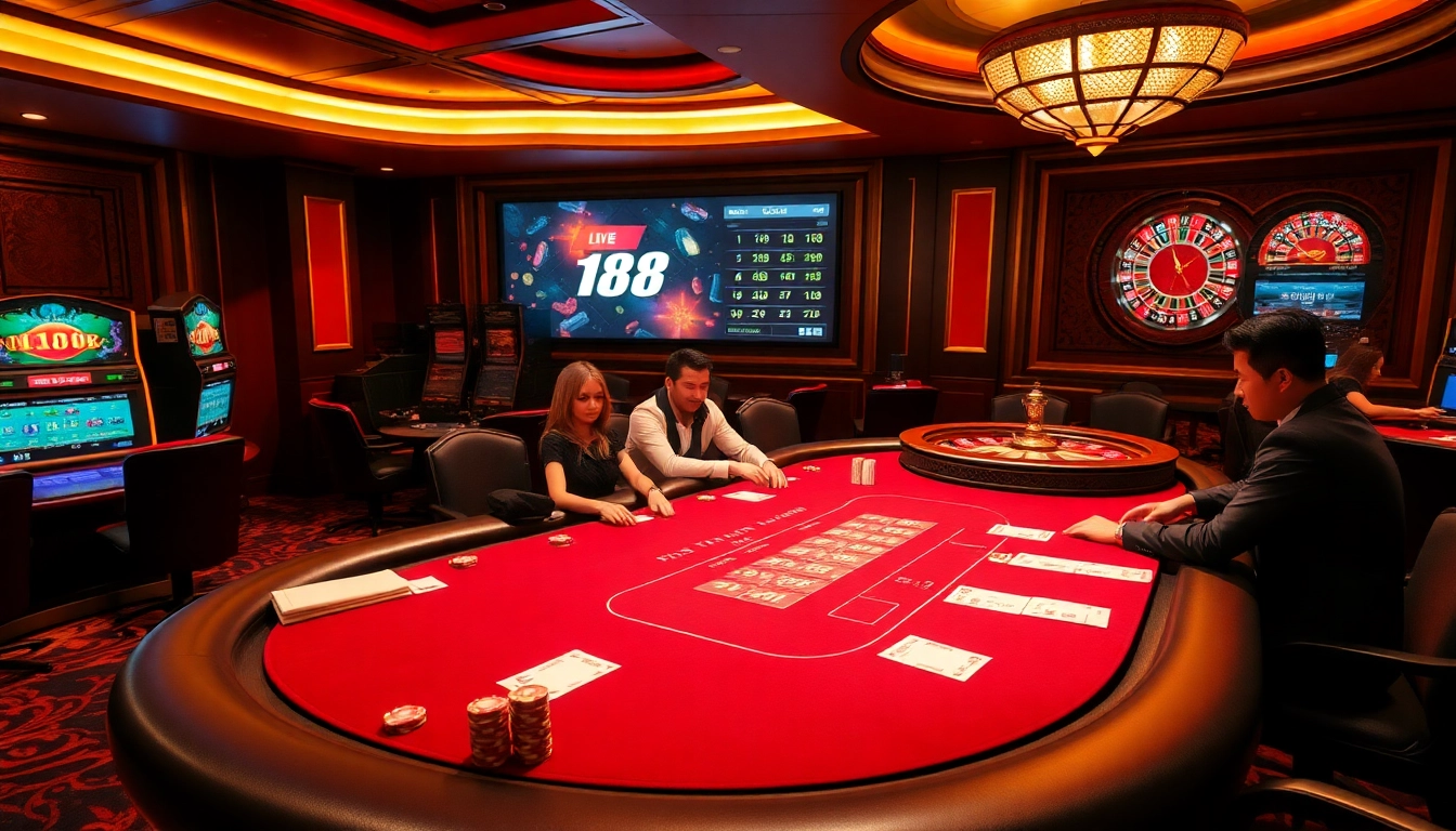 Casino players enjoying Hi88 games with vibrant ambiance and betting activity.