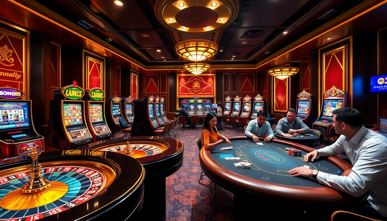 Bong88 casino scene with vibrant roulette table and dynamic slot machines in a luxurious gaming environment.