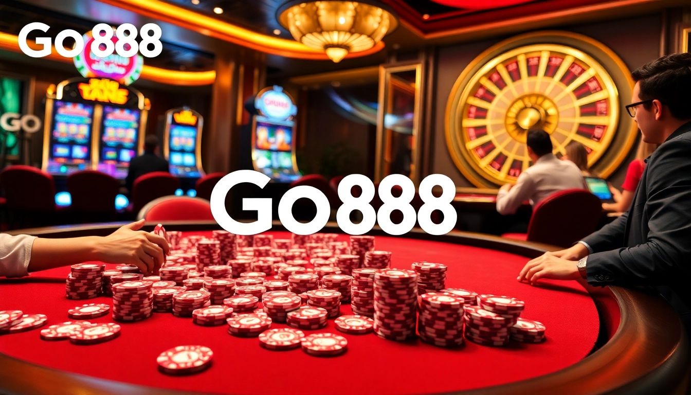 Engage in thrilling poker games at Go88 with vibrant chips and luxurious casino tables.