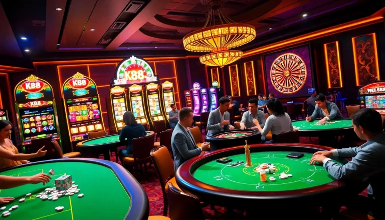 K88 casino scene showcasing players enjoying betting at vibrant tables, with luxury gaming and excitement.