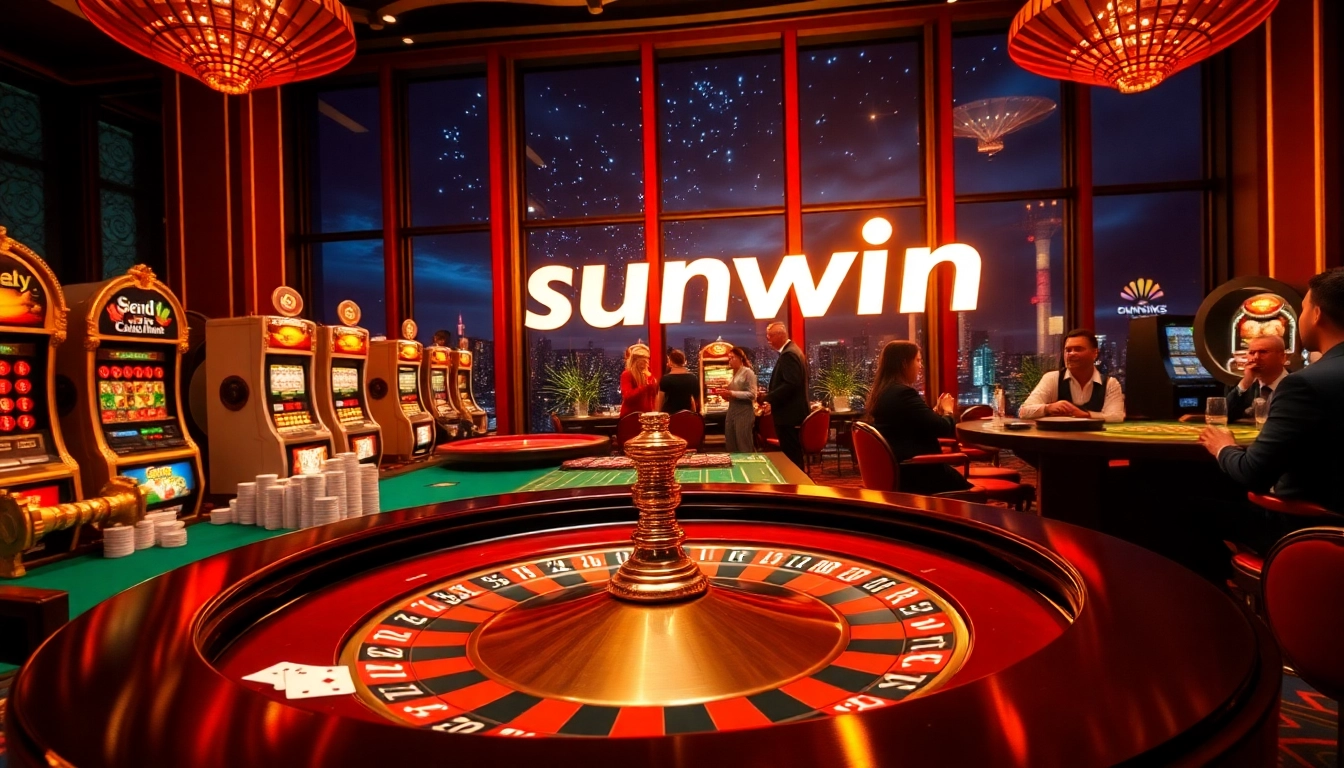 Players enjoying a thrilling game at the sunwin casino roulette table, with vibrant colors and excitement.