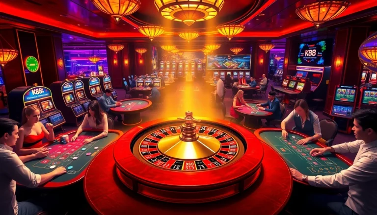K88 roulette wheel and players enjoying classic casino games in a vibrant atmosphere.