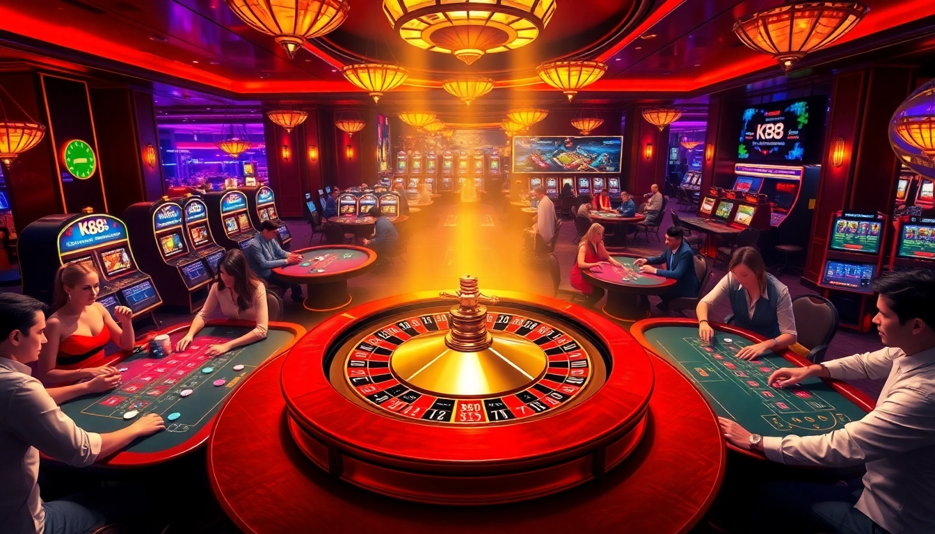 K88 roulette wheel and players enjoying classic casino games in a vibrant atmosphere.