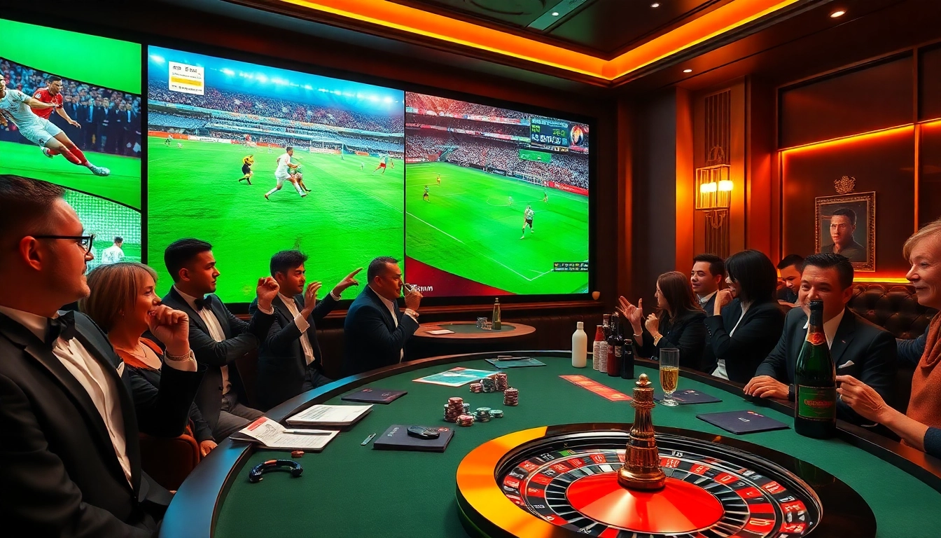Betting slips and poker chips at a luxury kèo nhà cái lounge with live football matches on display.