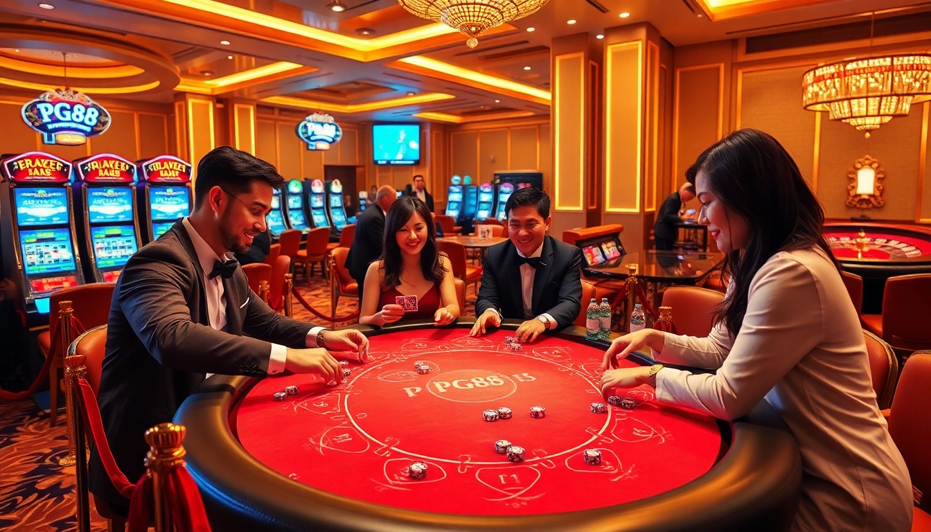 Players enjoying their time at PG88's vibrant casino, featuring colorful chips and elegant table games.