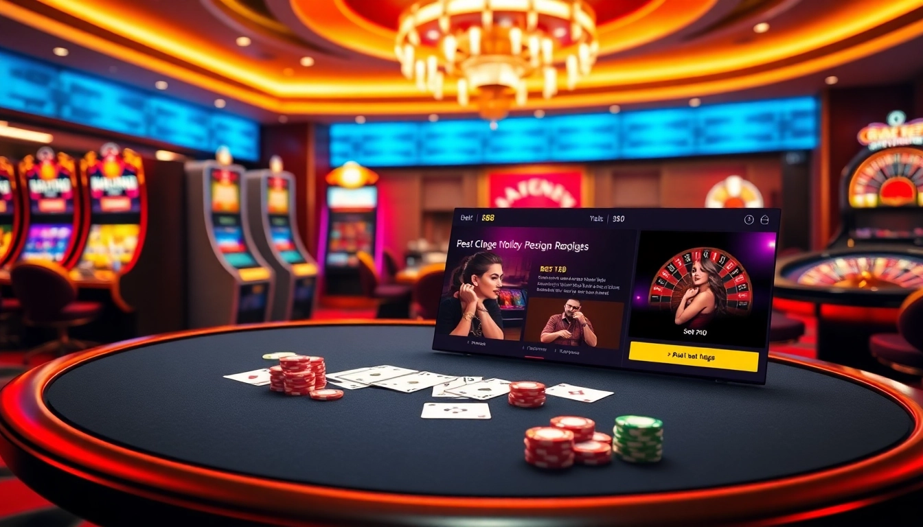 Bet 88 poker action at a luxurious casino with dynamic tables and vibrant slot machines.