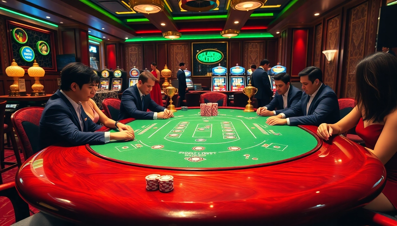 Players enjoy a thrilling poker game at lc88 with vibrant chips and luxurious surroundings.
