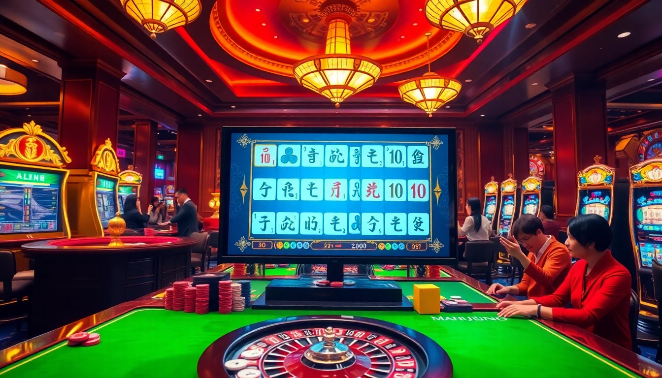Players enjoying the slot mahjong game in a vibrant casino atmosphere with colorful slots and tables.