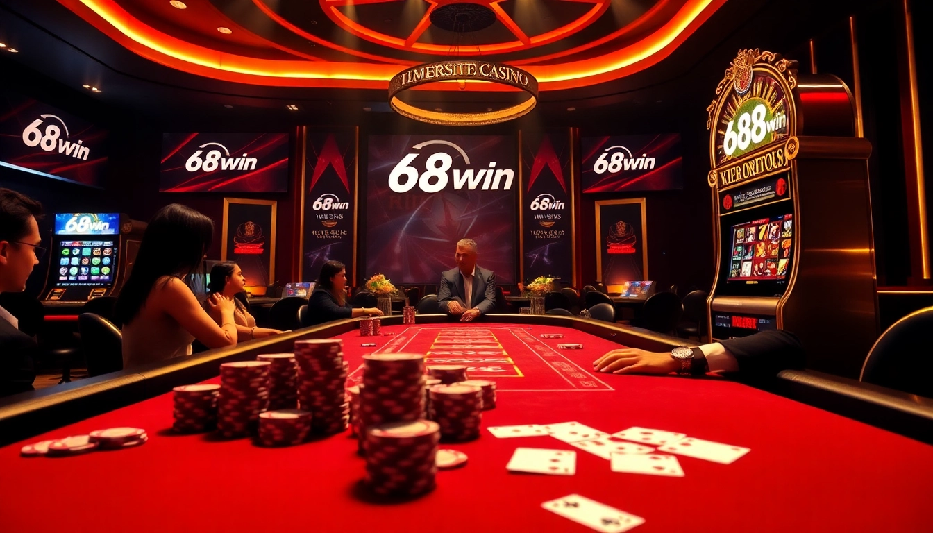 Experience thrilling casino action at 68win with high-stakes poker chips and a vibrant slot machine.