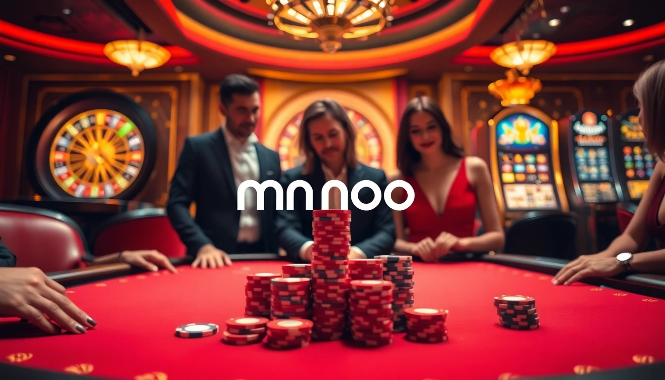 Exciting poker action at MMOO casino, showcasing vibrant chips and a roulette wheel.