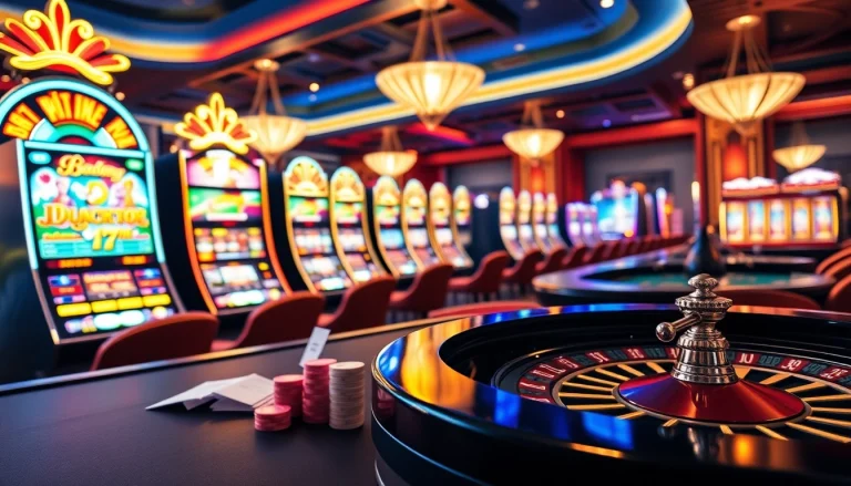 Experience the thrill of 'kerajaanslot' with vibrant casino elements like slot machines and poker tables.