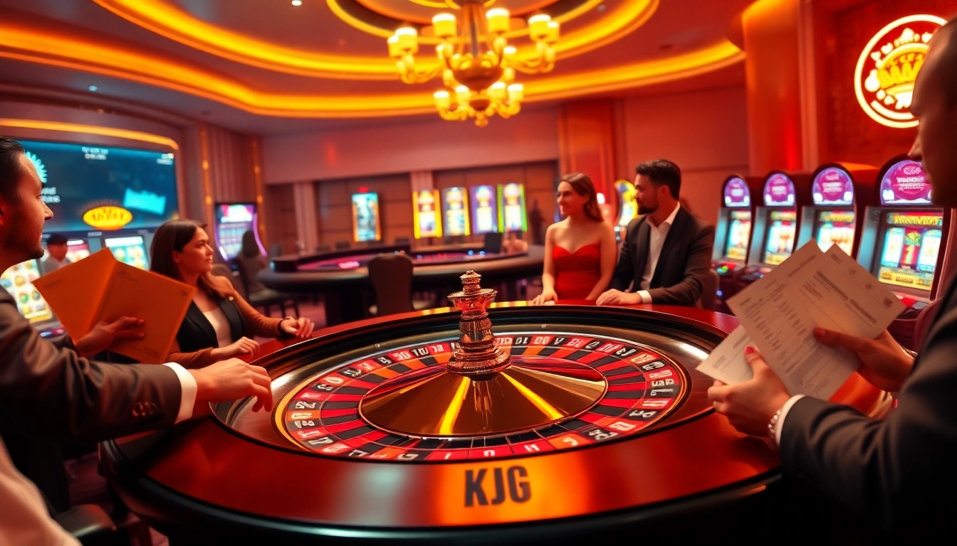 KJC-themed casino table showcasing an exciting roulette game with elegant players engaged in thrilling action.