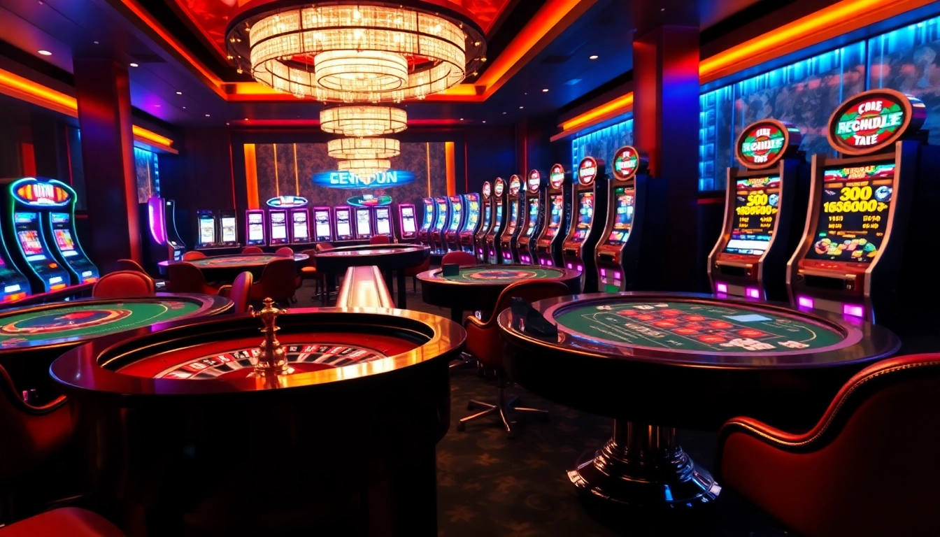 Exciting casino scene showcasing OKFUN with vibrant tables, roulette wheels, and players betting.
