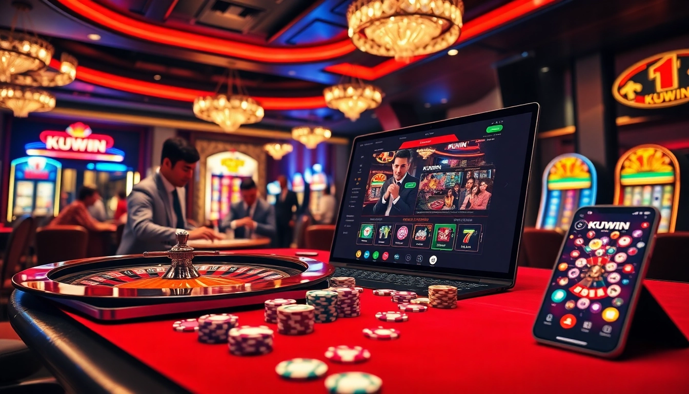 Experience thrilling gameplay at KUWIN's vibrant online casino filled with poker chips, roulette, and slot machines.