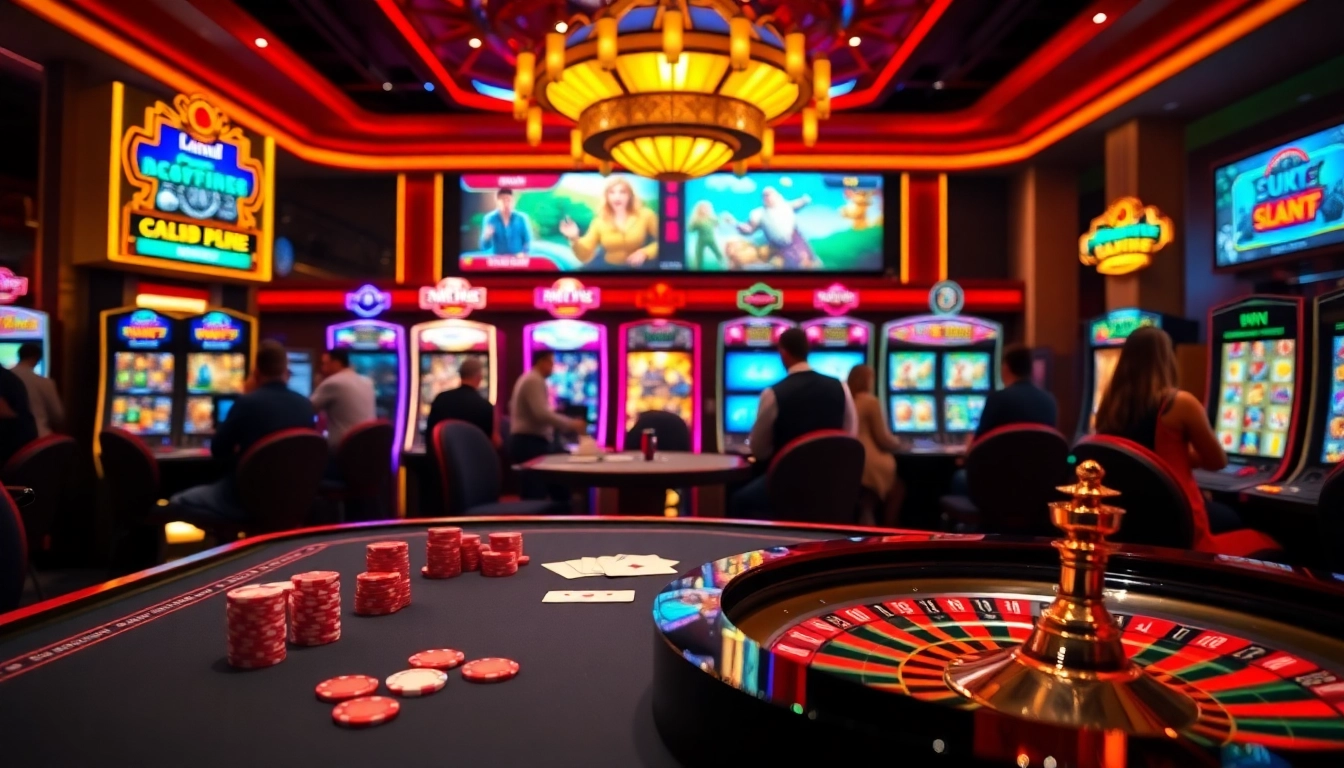 Play viral4d at a luxurious casino with vibrant gaming tables and colorful slot machines.