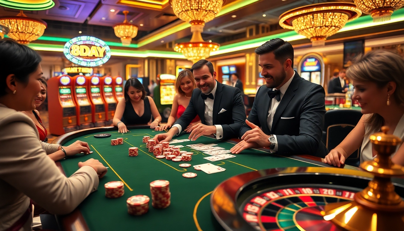 Gambling excitement at 8DAY casino with vibrant slot machines and a lively poker table.
