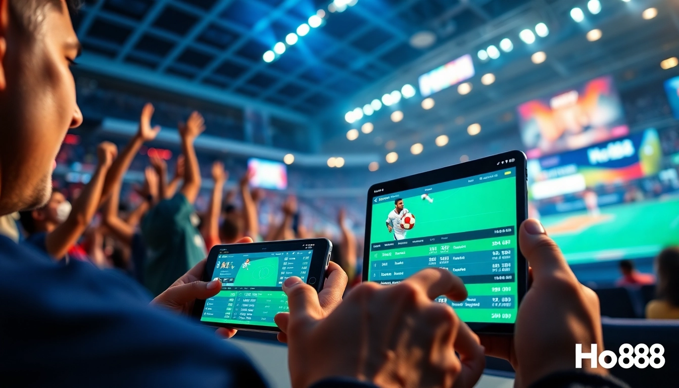 Exciting betting scene showcasing Ho88's sports platform on digital devices with live sports events.